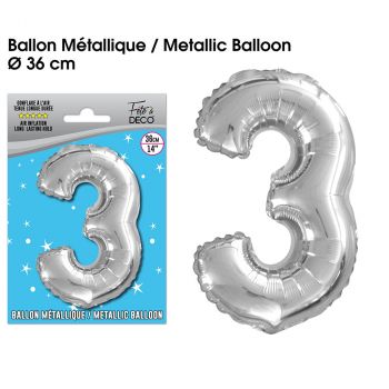 Ballon chiffre 3 Argent - 86 cm